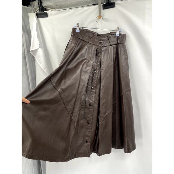Vintage Chocolate Brown Leather Midi Button Skirt - Picture 3 of 5